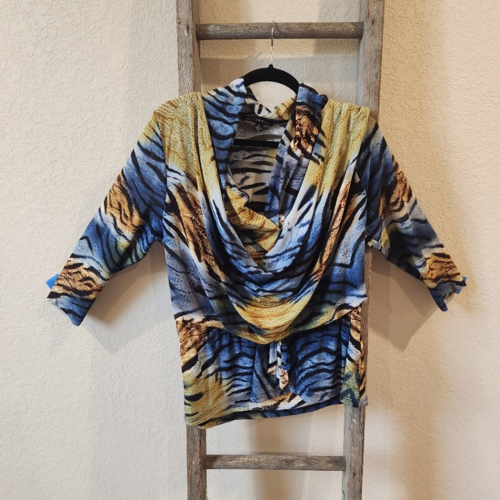 Draped Cowl Neck Animal Print Women's Top - Blue/Yellow